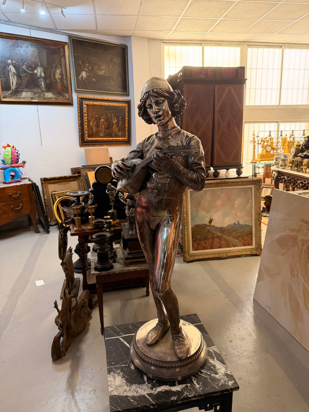 Escultura francesa en bronce plateado del S.XIX – Le Chanteur Florentin, Paul Dubois