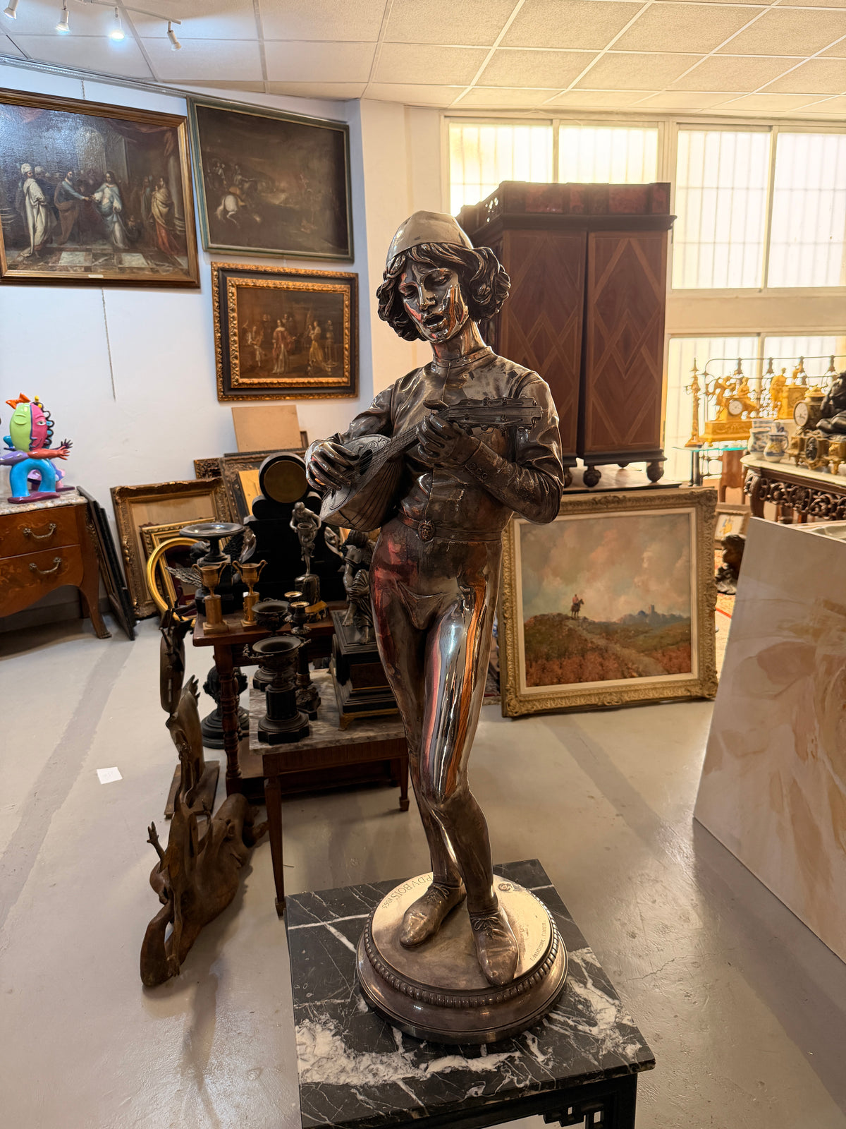 Escultura francesa en bronce plateado del S.XIX – Le Chanteur Florentin, Paul Dubois