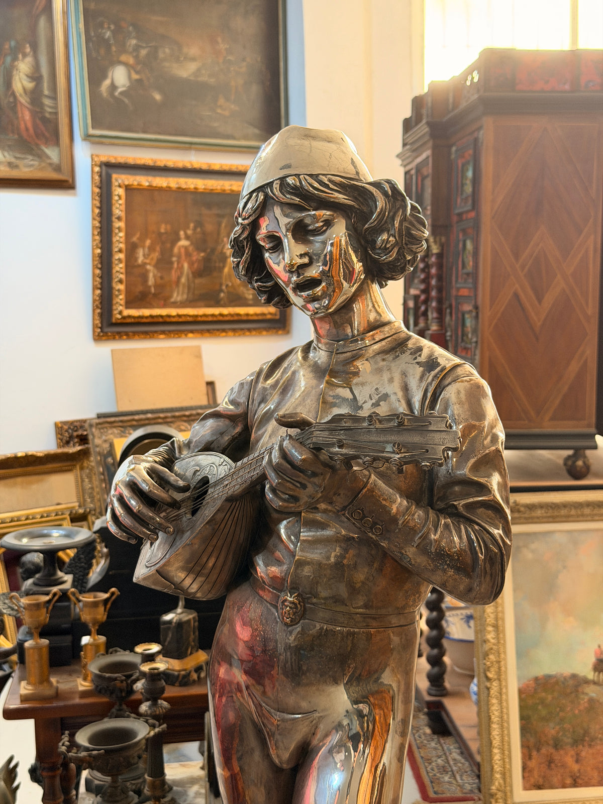Escultura francesa en bronce plateado del S.XIX – Le Chanteur Florentin, Paul Dubois