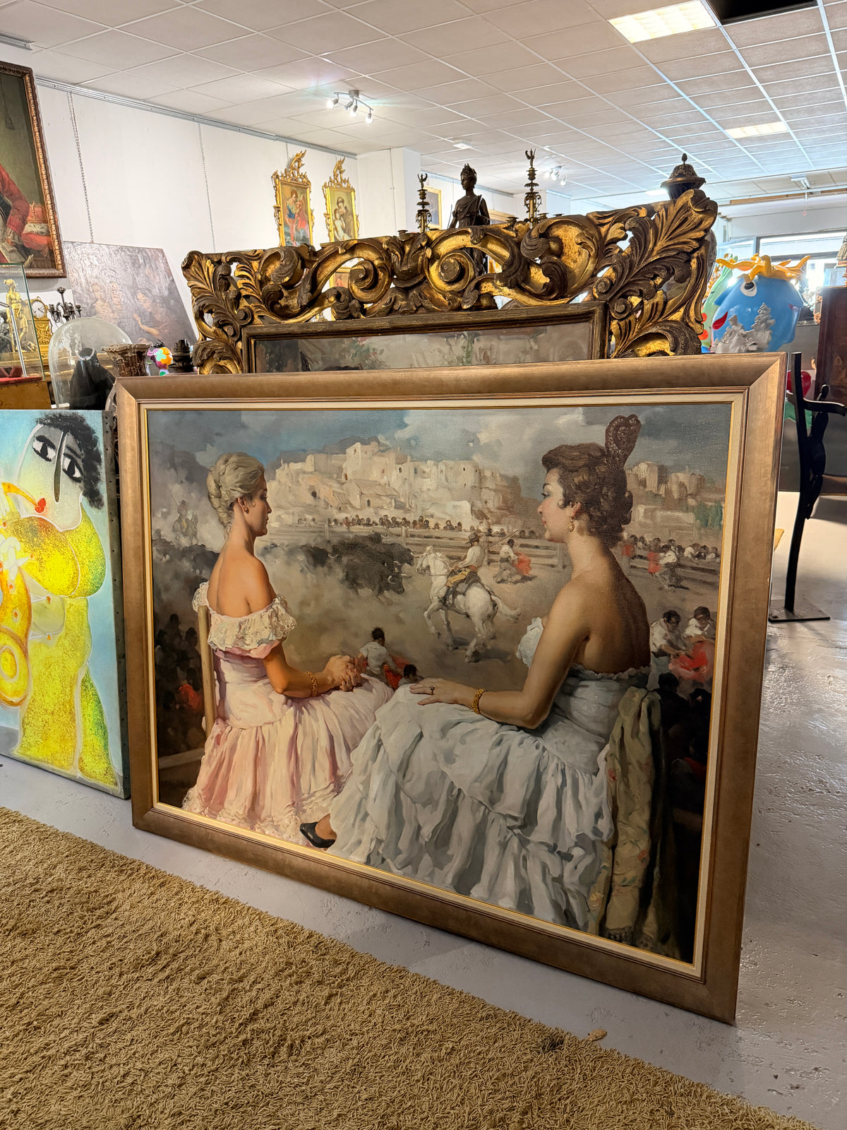 Pintura española de 1960 – Dos majas viendo los toros, Rodríguez San Clemente