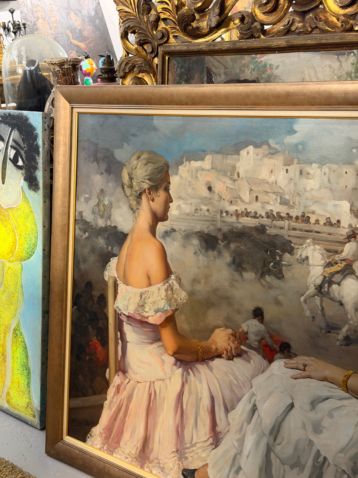 Pintura española de 1960 – Dos majas viendo los toros, Rodríguez San Clemente