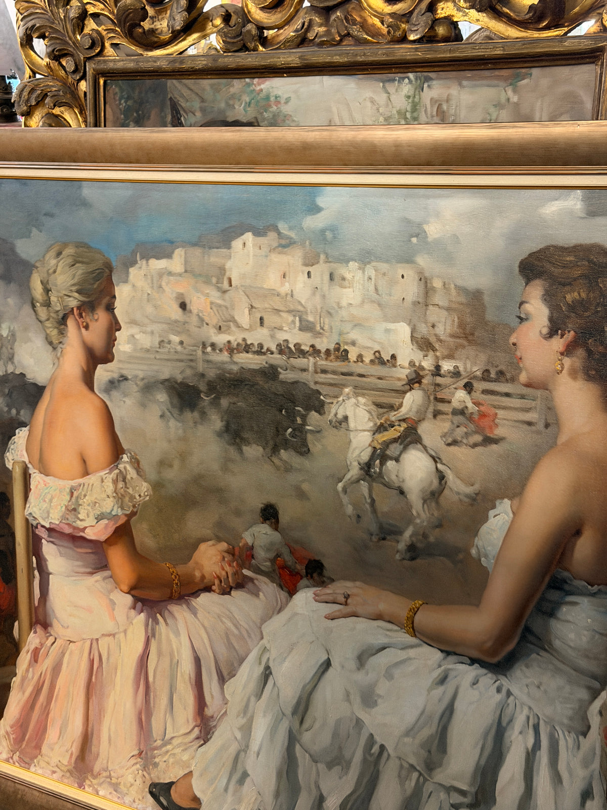 Pintura española de 1960 – Dos majas viendo los toros, Rodríguez San Clemente